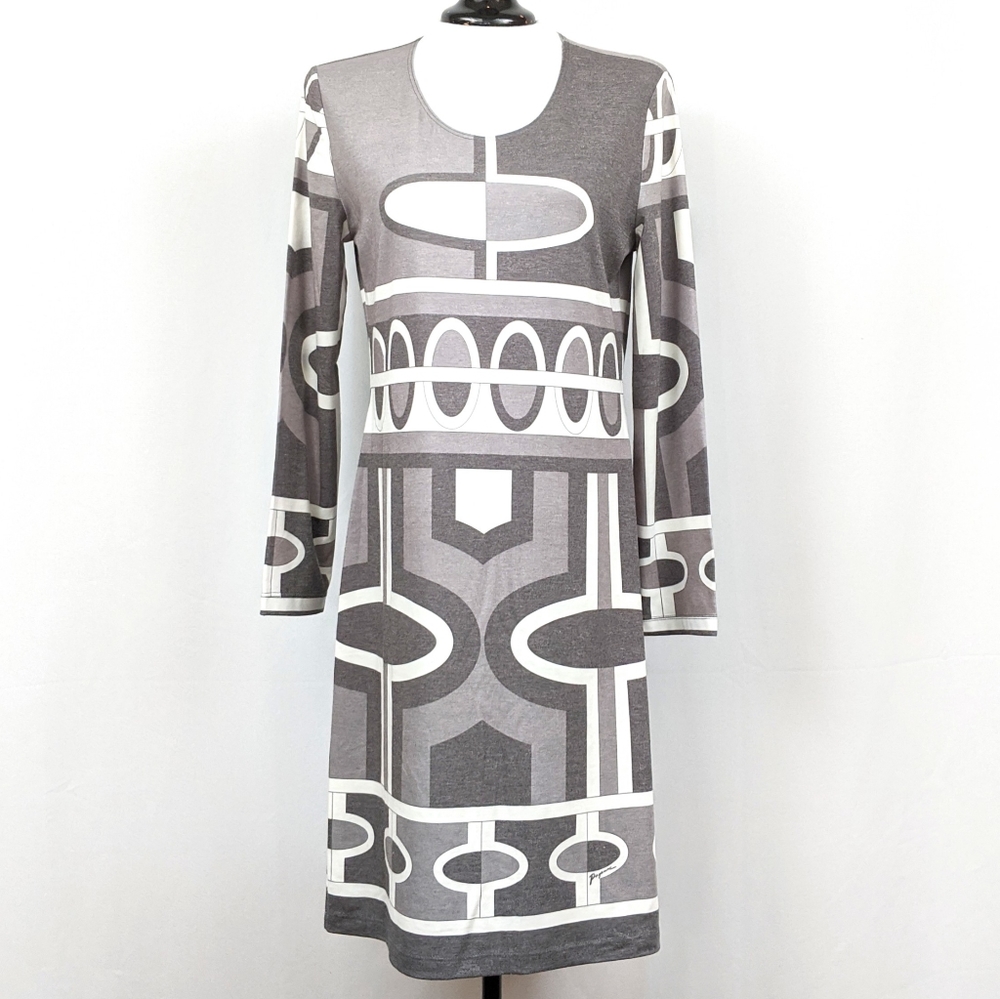 Paganne Long Sleeve Dress Geometric Art Deco Two Tone Gray Packable Small NWT